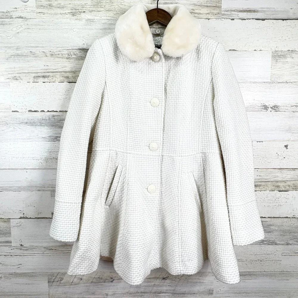Kensie Womens Pea Coat Faux Fur Removable Collar White Peplum Waffle Knit Size L